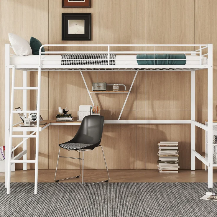 Hochbett, 90x200cm Bettgestell Metallbett, Eisenbett, Hochbett mit L-förmigem Schreibtisch und einem Regal für Kinder, Jugendliche und Erwachsene, Ohne Matratze, Weiß – Bild 2