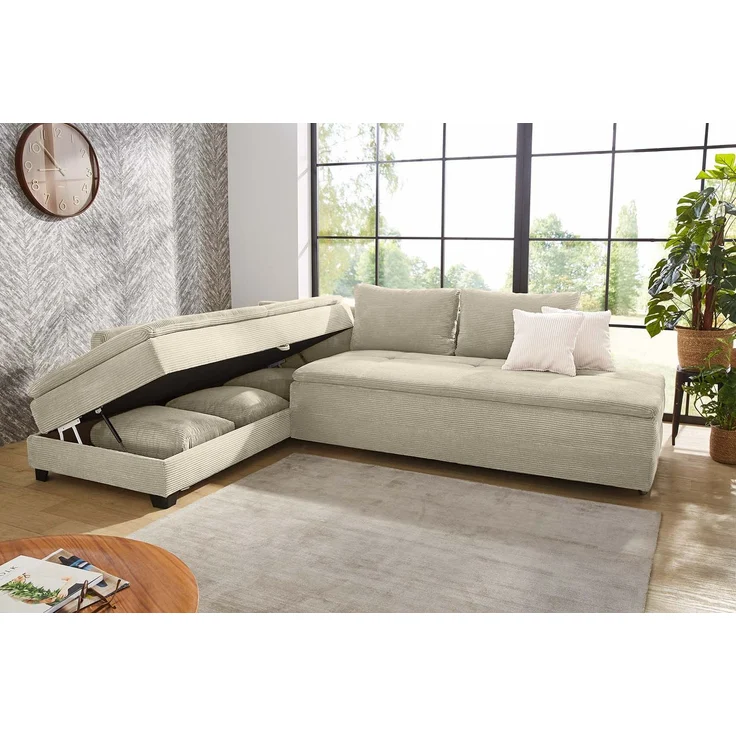 Ecksofa-Dauerschläfer Doppelbett Federkern Bettkasten Couch in Cord Beige Grau – Bild 3