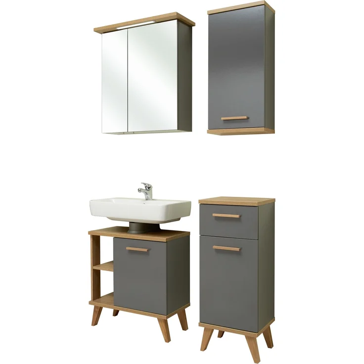 Pelipal Badmöbel-Set, Quickset 924, Quarzgrau Glanz/Riviera Eiche - Waschbeckenunterschrank, Spiegelschrank, Unterschrank, Hängeschrank – Bild 2