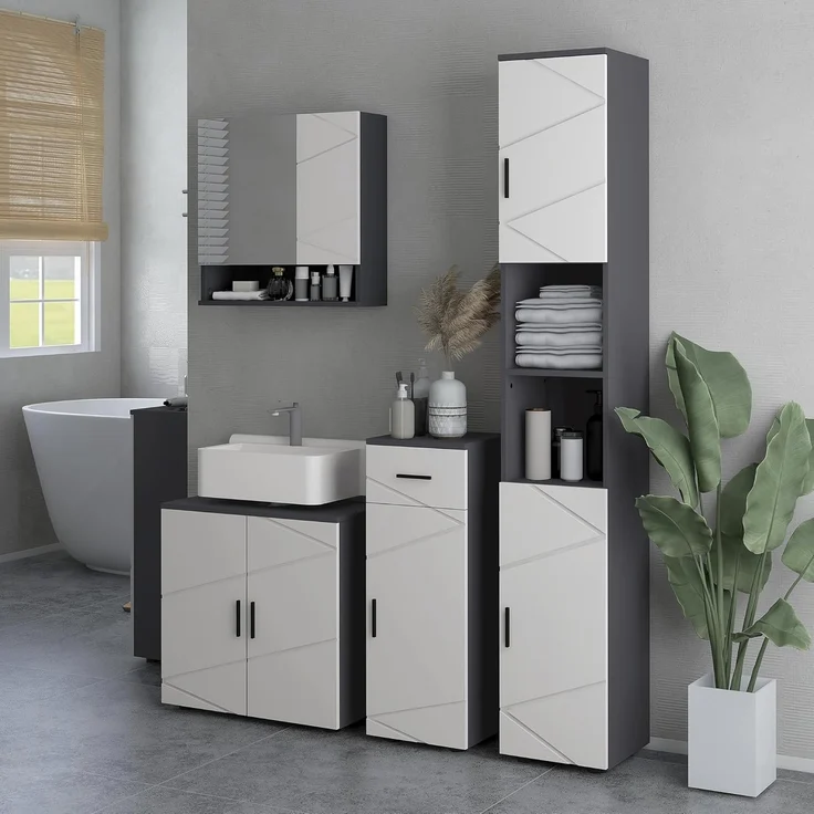 Kleankin Waschbeckenunterschrank mit Verstellbarer Ablage, Waschtischunterschrank mit Griff, (Unterschrank, 1-St, Badunterschrank) mit Kippschutz, Grau, 60 x 30 x 60 cm – Bild 7