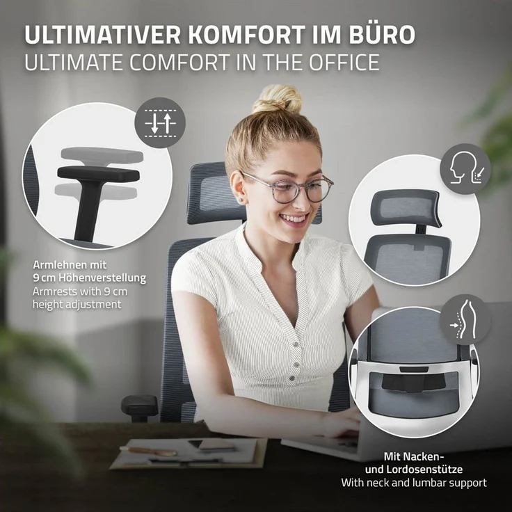 ML-DESIGN Bürostuhl Computerstuhl ergonomisch mit Verstellbarer Kopfstütze Gaming Stuhl, Schreibtischstuhl Grau mit mesh und Lendenwirbelstütze 68x66x123cm – Bild 2