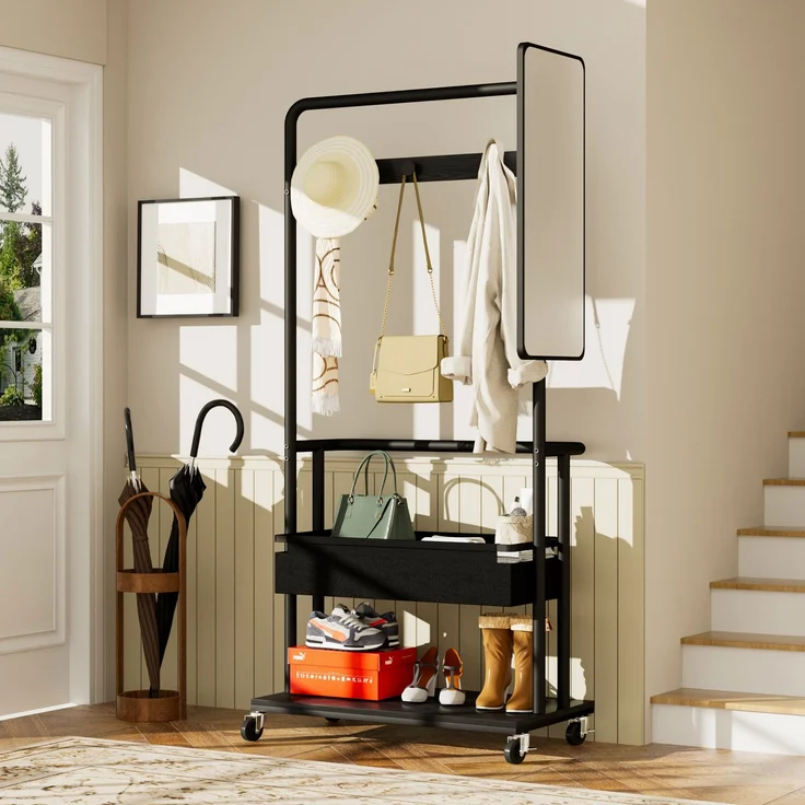 Faumrta Robuster Kleiderständer aus Metall mit Rollen, 3-in-1-Design mit Korb und Spiegel, Kleiderbügel, mobiler Kleiderständer mit Rollen, geräumiger Garderobenständer, Schwarz, 70*40*170cm70CM*40CM*170CMSchwarzParticle Board,Steel – Bild 2
