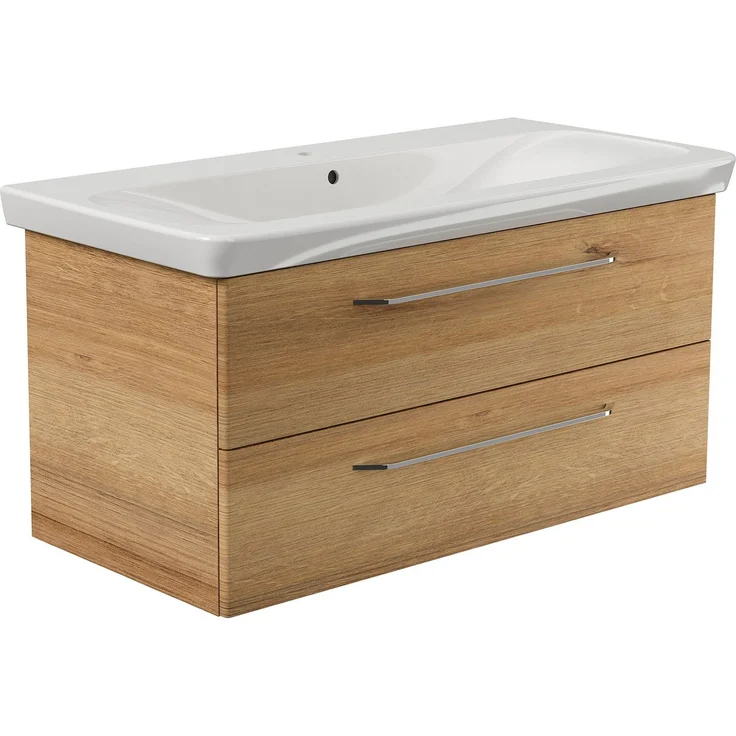 FACKELMANN MILANO Waschbecken mit Unterschrank 107 cm breit, Braun hell, Waschbecken Keramik Weiß – Bild 1