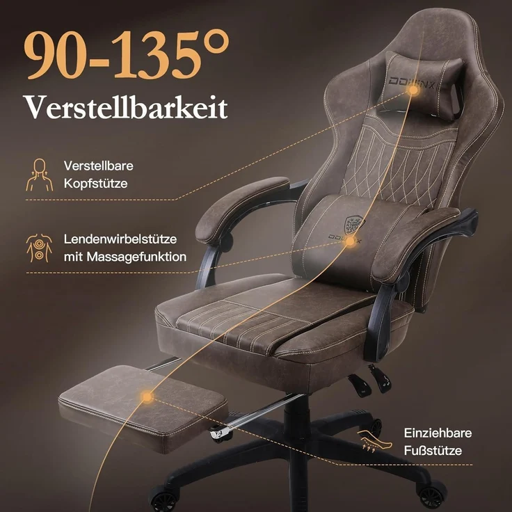 Gaming Stuhl mit Massage Lendenwirbelstütze, Fußstütze Braun PU Leder – Bild 7