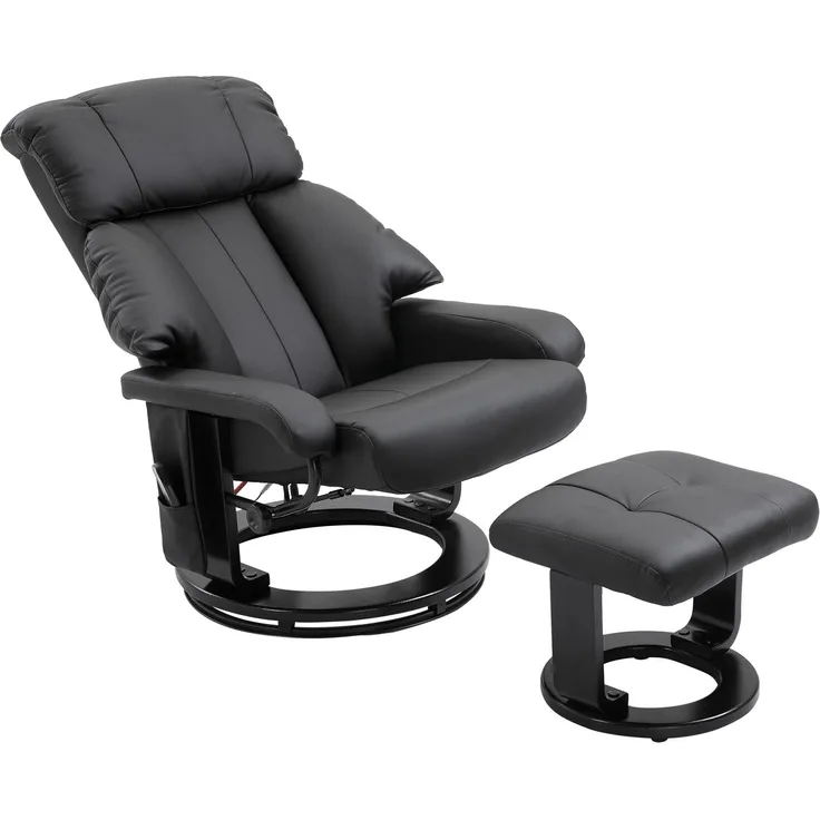 Wohnora-Relaxsessel mit Hocker, drehbarer Fernsehsessel mit Massagefunktion, Liegefunktion, Massagesessel mit Fernbedienung, Seitentasche, Ruhesessel aus Kunstleder für Wohnzimmer Schwarz,H 1020cm x T 760cm x B 800cm