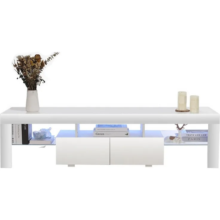 LETGOSPT TV-Schrank Fernsehschrank mit LED-Beleuchtung, 160 cm Lowboard mit 2 Schubladen (Fernsehschrank, 3 offenes Regalfach, viel Stauraum) griffloses TV-Schrank, mit Glasrahmen, Fernsehschrank in wohnzimmer