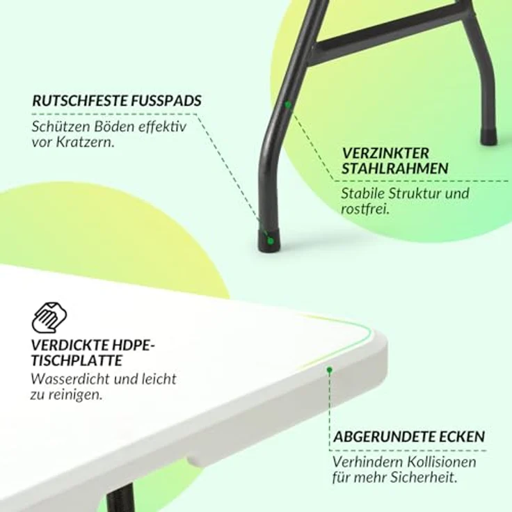 Velway Gartentisch klappbar 180x74 cm Buffettisch - Schneller Einsatz Klapptisch für 6-8 Personen Kunststoff Campingtisch Partytisch mit Tragegriff für Garten Terrasse und Balkon Zusammenklappbar Weiß – Bild 5