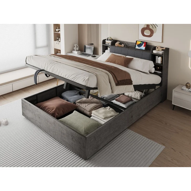 Merax Doppelbett, 180 x 200 cm, Holzbett, Hydraulisches Bett, Kopfteil mit Stauraum, Ausgestattet mit USB-Anschluss und Tape-C-Steckdose, (ohne Matratze) Grau – Bild 6
