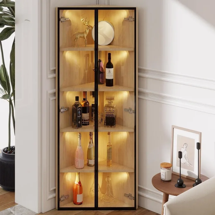 Glasvitrine Eckvitrine mit Tür aus Eiche und LED