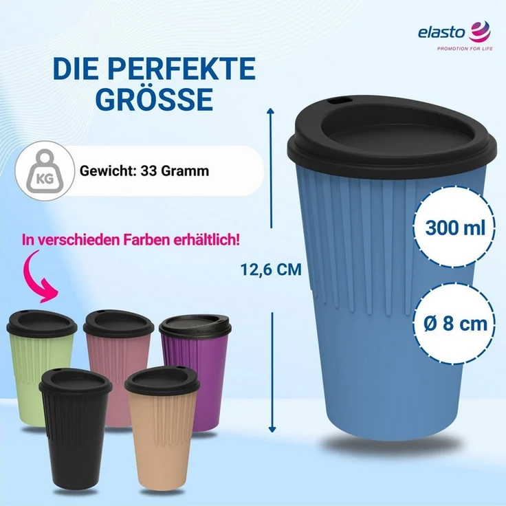 elasto Coffee-to-go-Becher Kaffeebecher 300 ml Trinkbecher mit Deckel und Riffel-Optik, Made in Germany, BPA-frei, 100% recyclebar, Heißgetränke, Teebecher – Bild 4