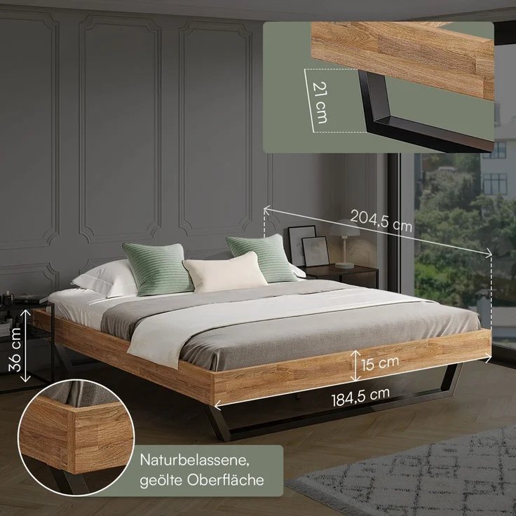 skølm 'Alver' Bett 180x200 cm, Bettgestell, natur geölt, Massivholzbett aus Eiche mit Metallkufen, Doppelbett ohne Bettkopf – Bild 6
