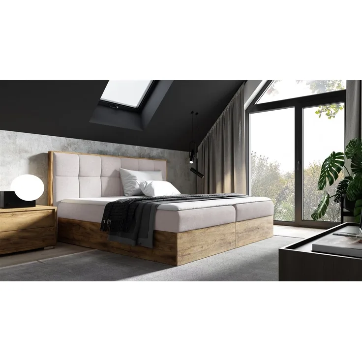 Boxspringbett Bett THANOS 200x220cm Lancelot Eiche Stoff Hellbeige inkl. Bettkasten
