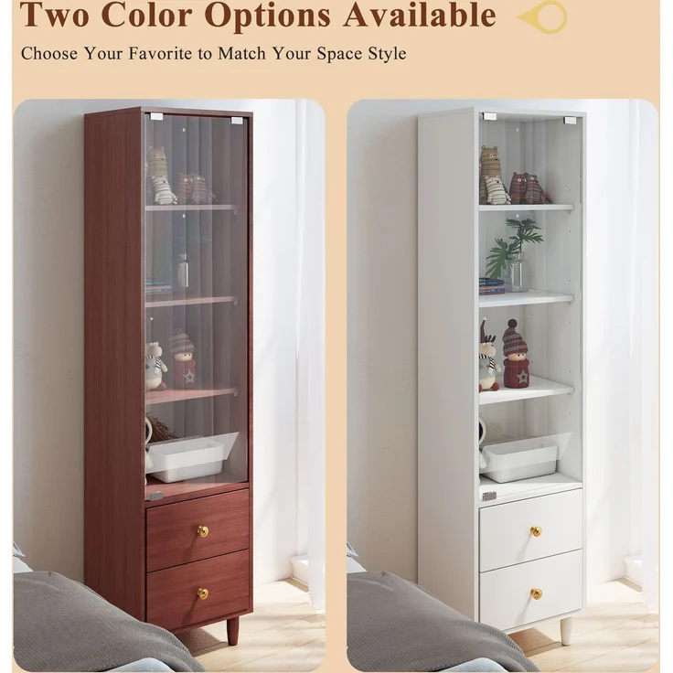 Vitrine mit LED-Beleuchtung, modernes Bücherregal mit Glastüren und 2 Schubladen, Vitrine für Sammlerstücke, moderner Stil mit goldenen Griffen, weiß–H165/B40/T35cm--Weiß--40x35x165cm--YOUDENOVA – Bild 7