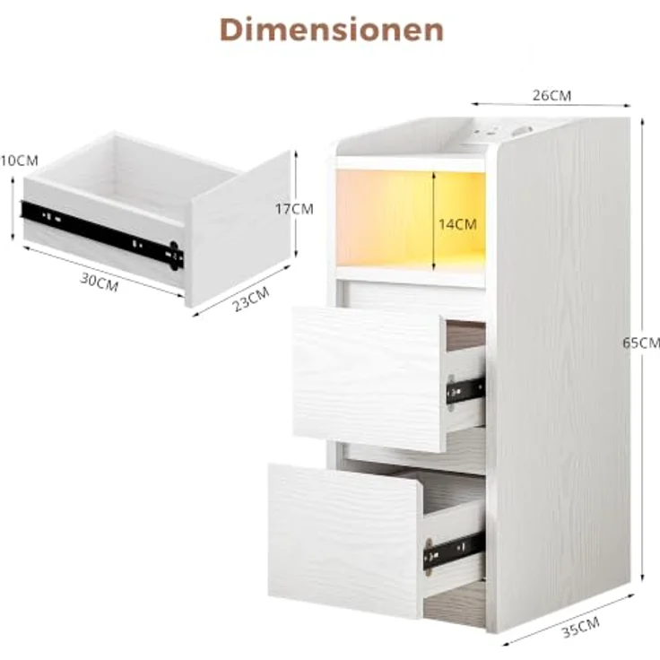 IRONCK Nachttisch Schmal (2, Weiß) | Bedside Table mit Offenem Fach für Schmale Räume Schlafzimmer, Wohnzimmer, 2 Schubladen,2 AC-Steckdosen,USB+Typ-C Anschlusse – Bild 3