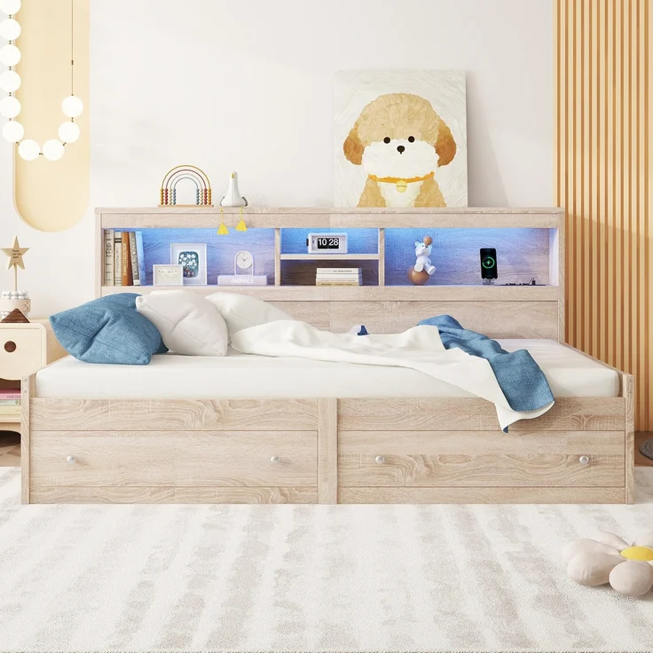Holzbett mit LED-Beleuchtung und Stauraum, 90x200 cm, Einzelbett mit Mehrfachsteckdose und Lattenrost, Jugendbett – Bild 3