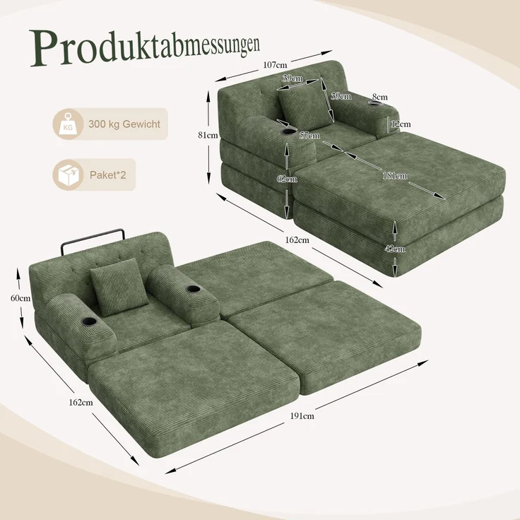 ZUBALIYA Schlafsofa 162x81 cm, mit Stauraum, mit Samtbezug, mit Cordbezug, mit Knopfheftung, mit breiten Armlehnen, Grün – Bild 2