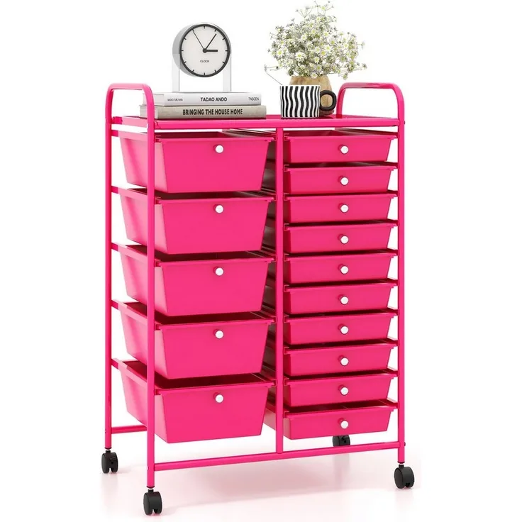 COSTWAY Rollcontainer, Metallgestell, 15 stapelbare Schubladen, mit Bremsen