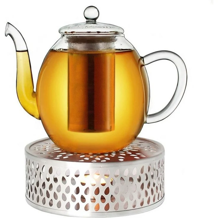 Creano Teekanne Creano Teekanne aus Glas 1,0l + ein Stövchen aus Edelstahl, 3-teilige, 1 l, (Set, 4-St)
