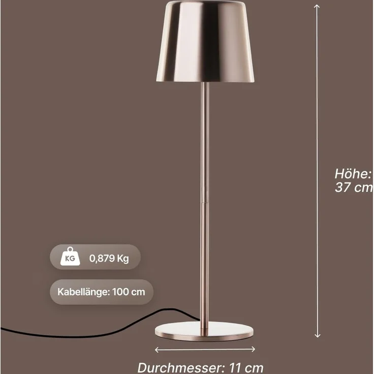 Brilliant Xaana LED Tischlampe - Helles Kupfer, Höhenverstellbares Produkt, touch dimmer stufenlos, IP44 spritzwassergeschützt, 37 cm hoch, USB aufladbar, für den Innen- und Außenbereich – Bild 9