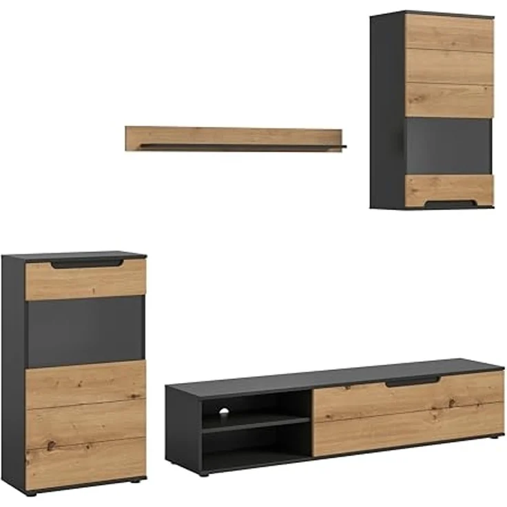 Wohnwand (B/H/T: 246x182x37 cm) in Artisan Nachbildung und Basalt grau – Bild 1