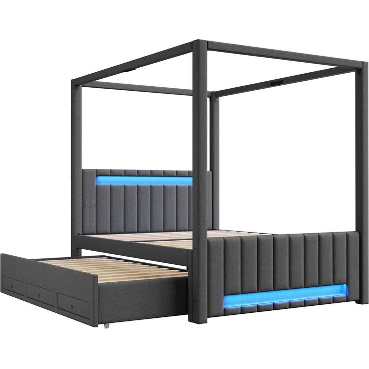 140x200 cm großes Polster-Himmelbett mit Ausziehbett und drei Schubladen, LED-Beleuchtung, Grau – Bild 6