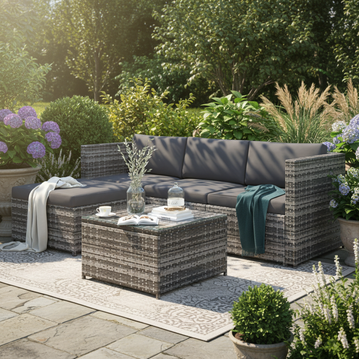 Merax Polyrattan Gartenmöbel Set (2-tlg), Balkonmöbel Set Kleiner Balkon Loungeset, Terassenmöbel Wetterfest mit Sofa, Tisch, Hocker und Kissen, Grau – Bild 3