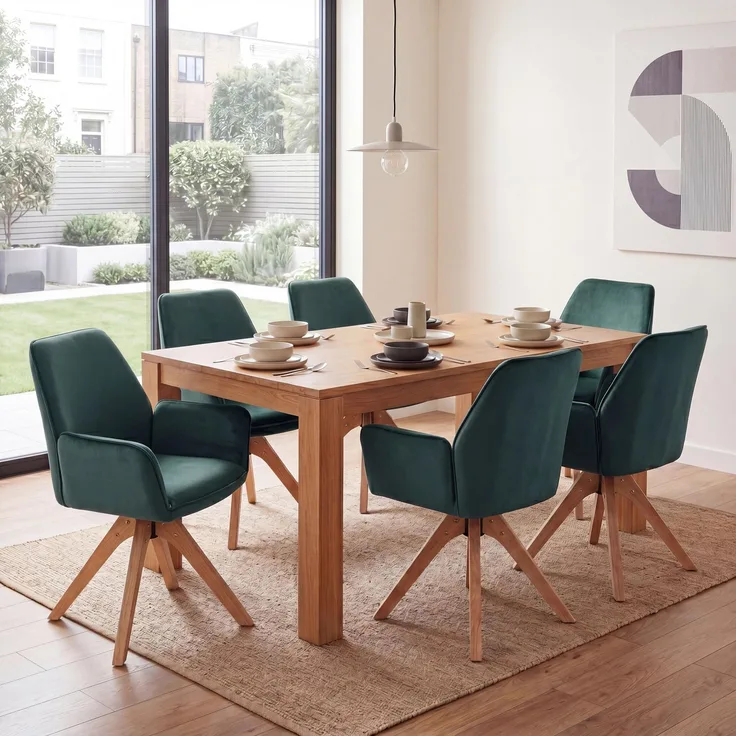 6er-Set Esszimmerstuhl HWC-G67, Esstischstuhl Küchenstuhl mit Armlehne, drehbar Holz Samt 320 g/m² MVG ~ grün