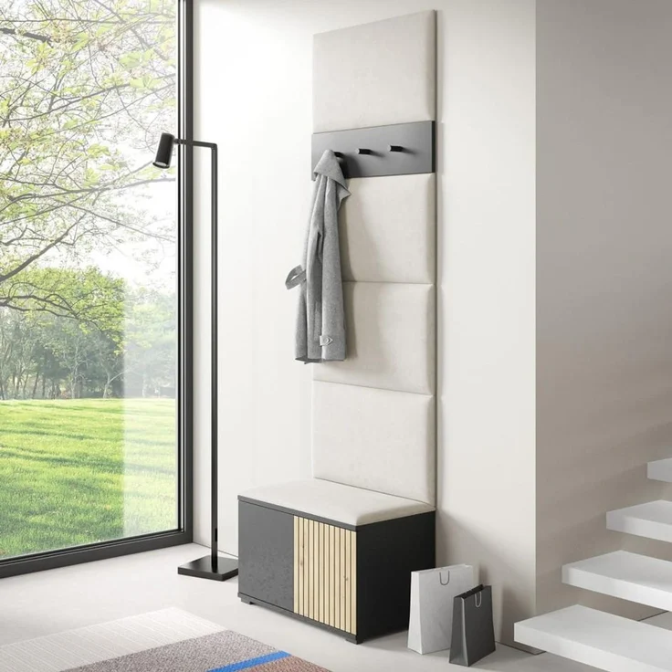 Garderoben-Set Rosario Version 6 mit Lamellen, mit Polsterplatten und Schuhschrank (Schwarz / Eiche Artisan, Trinity 01), 225 x 40 x 70 cm – Bild 6