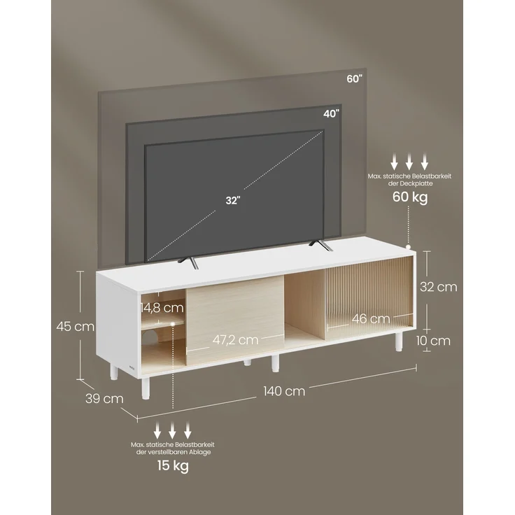 Vasagle TV-Schrank für Fernseher bis zu 60 Zoll, superschnelle Montage, Toolless-Technologie, Fernsehtisch Wohnzimmer, geriffeltes Glas modern, 140 x 39 x 45 cm, wolkenweiß-naturbeige – Bild 5