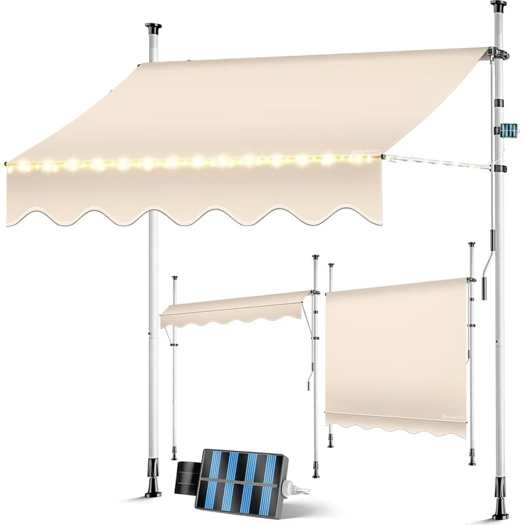 KESSER® Klemmmarkise mit Handkurbel & LED Lichterkette | Balkonmarkise ohne Bohren | Markise UV-beständig höhenverstellbar & wasserabweisend | Sonnenschutz für Balkon Terrasse & Garten Beige, 200cm – Bild 1