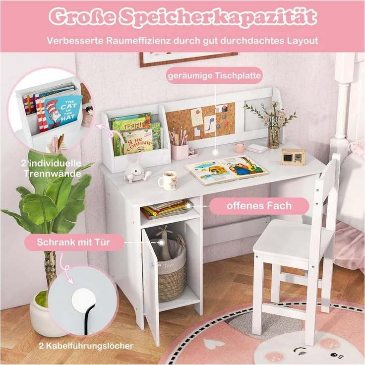 COSTWAY Kinderschreibtisch mit Stuhl Set, Holz, Sitzgruppe mit Bücherregal – Bild 2