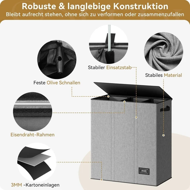 Wäschekorb 160L mit 3 Fächern, Deckel & 3 Wäschesäcken Grau XXXL – Bild 5