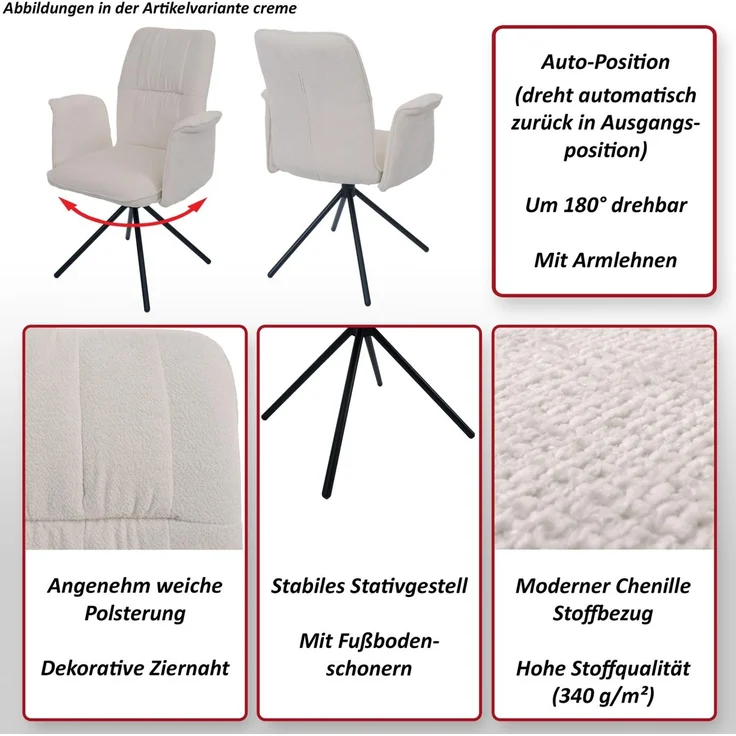 2er-Set Esszimmerstuhl HWC-N99, drehbar Armlehne Auto-Return, Stoff/Textil Chenille (340g/m²) ~ dunkelgrau – Bild 2