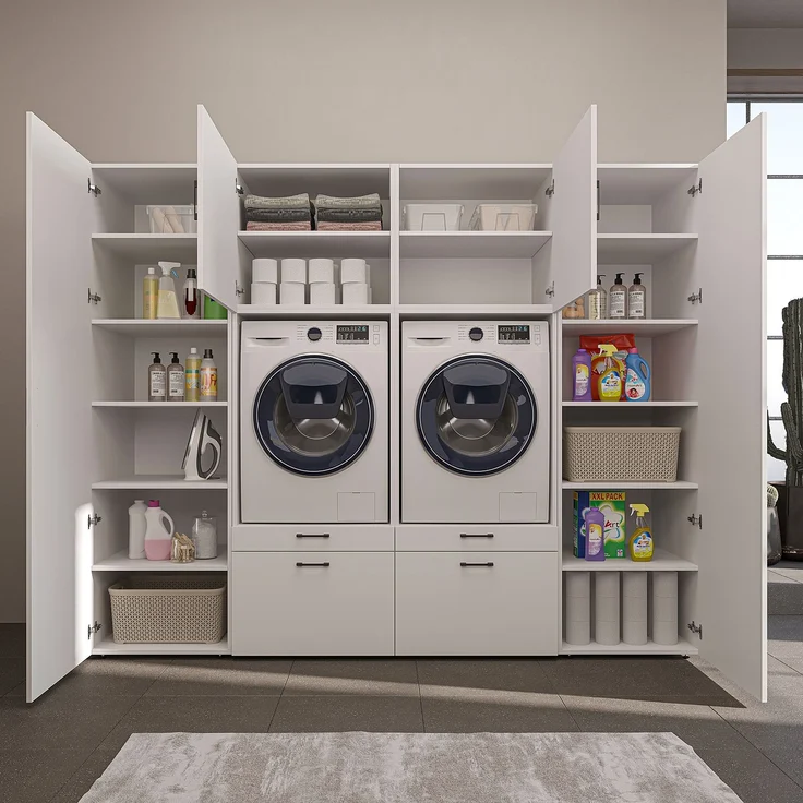 Roomart Waschmaschinenschrank SERIE-III Schrankwand 254 cm – 2 Geräte, Soft-Close | • Weiß – Bild 9