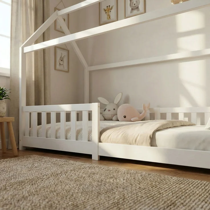 ecoMI Hausbett mit Rausfallschutz und Lattenrost, Kiefernholz weiß, 80x160 cm – Bild 4