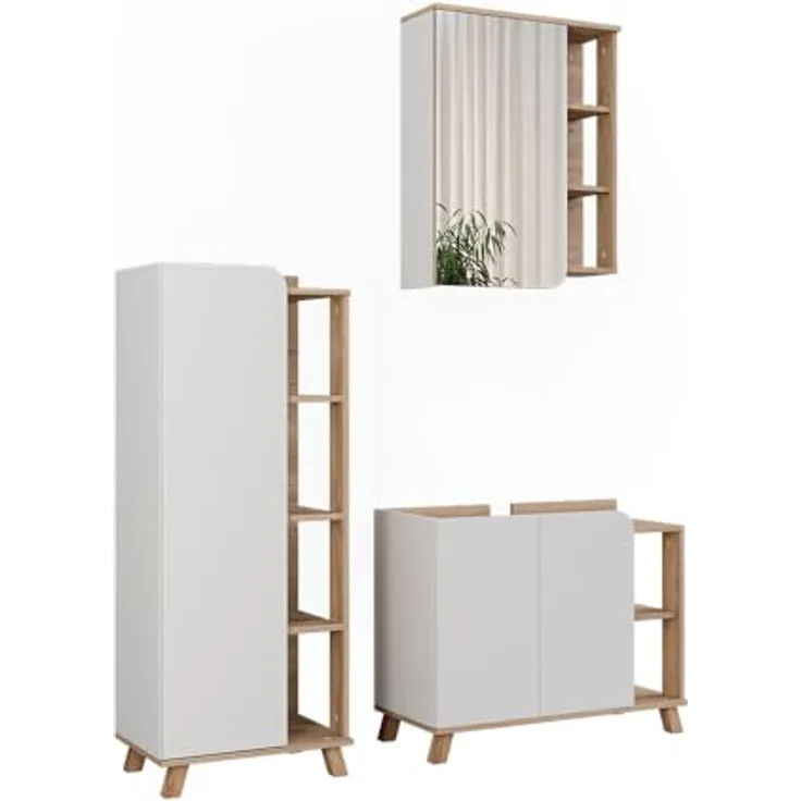 Vichy Badmöbelset Karen, 3-teilig, Waschbeckenunterschrank und Spiegelschrank, Sonoma/Weiss