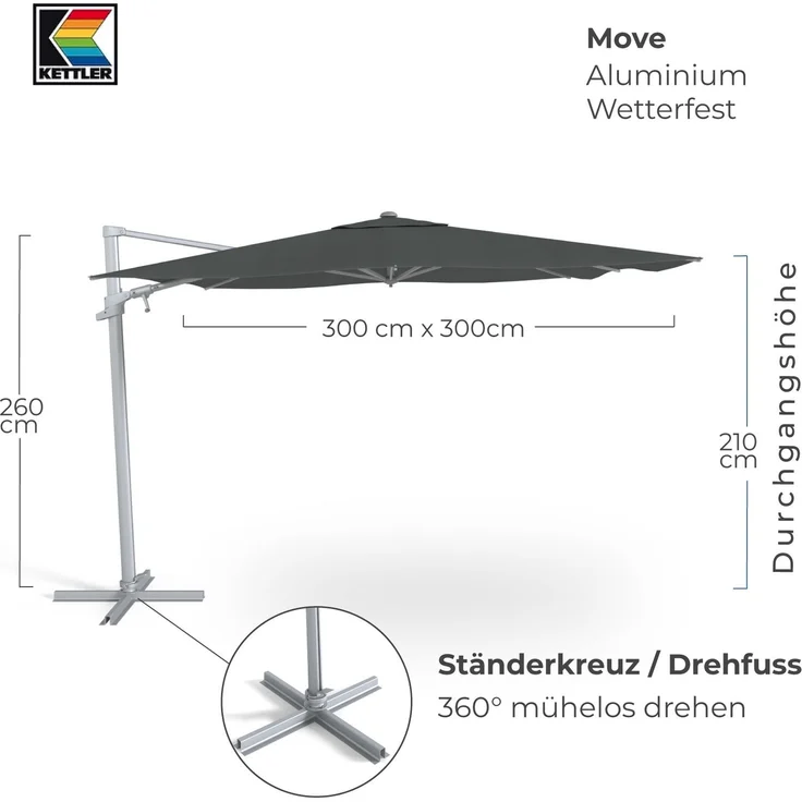 Kettler Ampelschirm Sonnenschirm EASY MOVE 300 x 300 cm Silber NEUHEIT – Bild 3