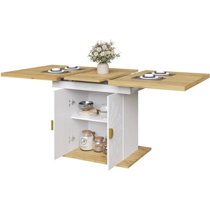 OKWISH Esstisch für Küche & Wohnzimmer (Ausziehtisch – Ausziehfunktion Weiß, 1-St, 110(140) x 70 x 76 cm)