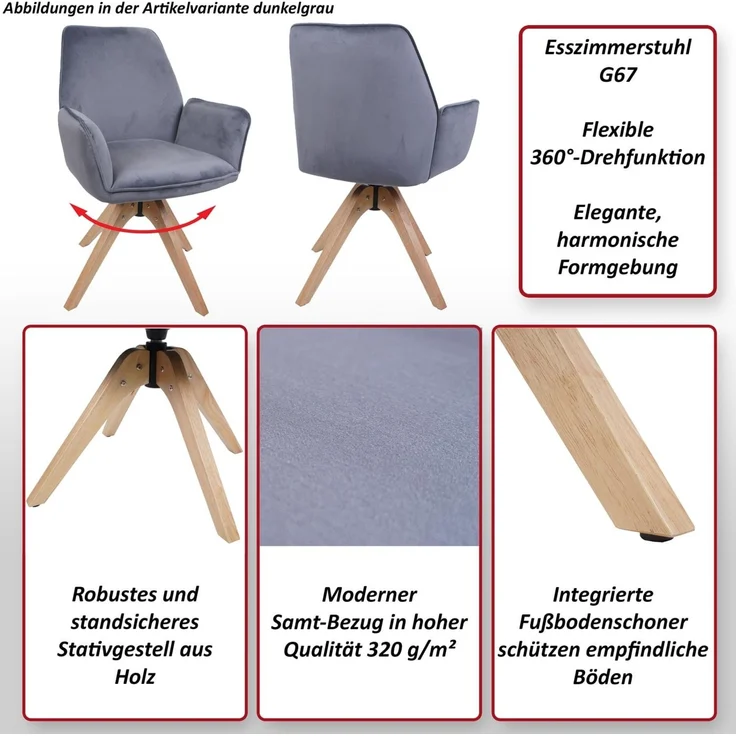 6er-Set Esszimmerstuhl HWC-G67, Esstischstuhl Küchenstuhl mit Armlehne, drehbar Holz Samt 320 g/m² MVG ~ türkis-blau – Bild 2
