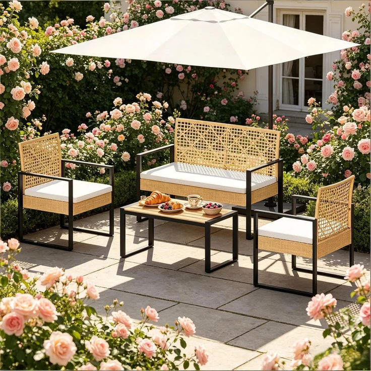 Gartentisch mit Zweisitzer-Sofa und 2 Sesseln, 83,5 x 39 x 41 cm, Naturholz, PE-Rattan und Metall – Bild 3