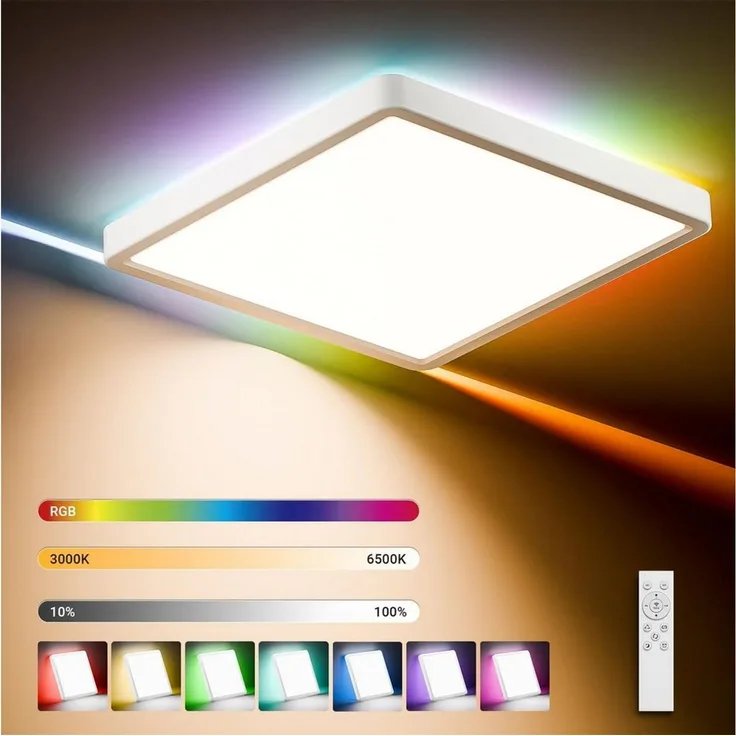 LQWELL Deckenleuchte LED Deckenlampe Dimmbar mit Fernbedienung, Flache Deckenbeleuchtung, QUAD, LED fest integriert, 24W 2500LM, 3000-6500K RGB Weiß, für Wohnzimmer Schlafzimmer Esszimmer Balkon Korridor, 300 * 40mm