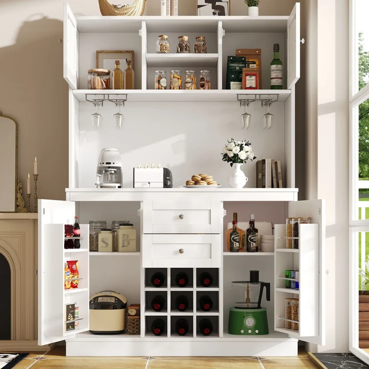 Sideboard 120x40x188 cm in Weiß, mit 4 Türen, 2 Schubladen, offenen Fächern und Weinregal – Bild 2