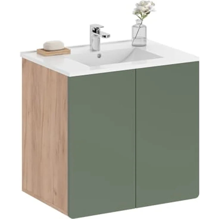 Vichy Badmöbel-Set Izan, Waschbeckenunterschrank und Spiegelschrank, Goldkraft Eiche/Grün – Bild 6