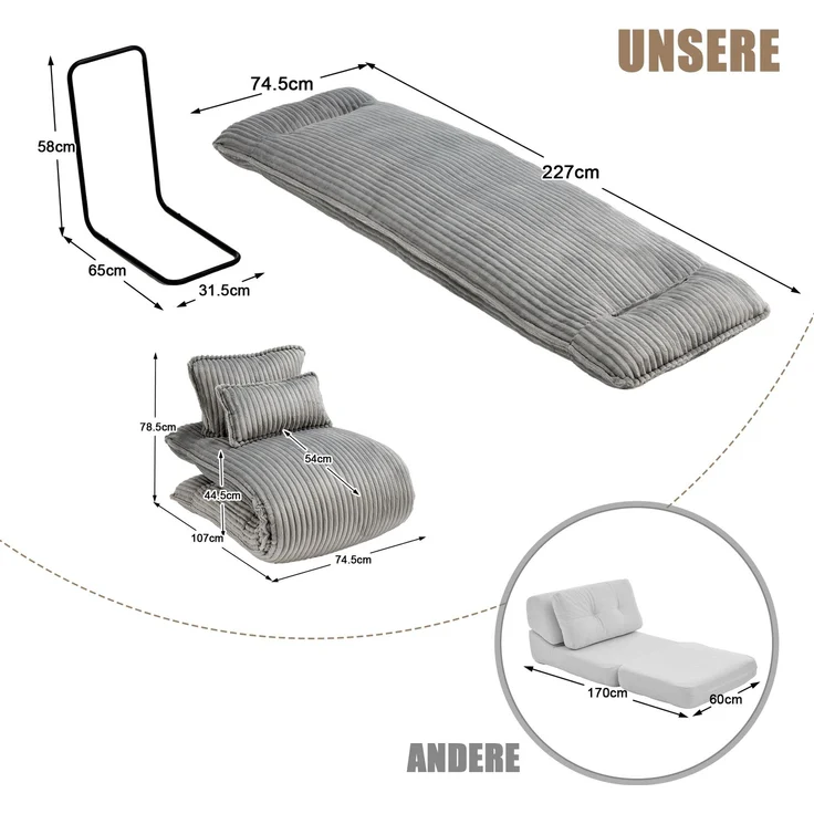 LVHOM Schlafsessel mit Bettfunktion, 227 cm Klappsessel Bodensessel mit Stahlrahmen, klappbarer Relaxsessel inkl. 2 Kissen, bis 150 kg belastbar, Cord Grau – Bild 6