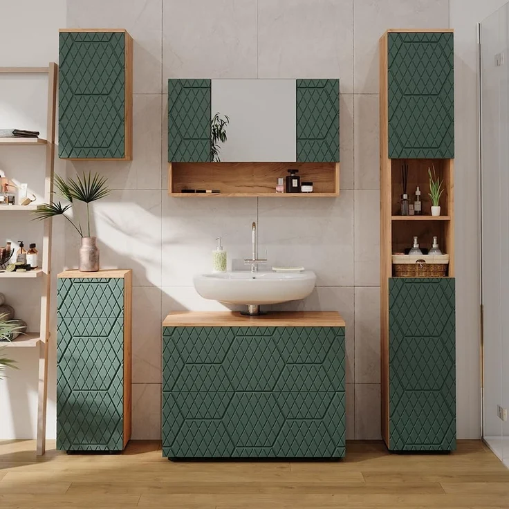 Midischrank Irma Grün/Goldkraft Eiche 30 x 81 cm mit 1 Schublade, 2 Fächer, Badezimmer Vicco – Bild 2
