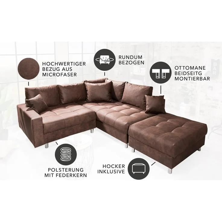 riess-ambiente Ecksofa KENT 220cm braun, Set 2 Teile, Wohnzimmer · Couch · Microfaser · Federkern · inkl. Hocker · Design – Bild 4