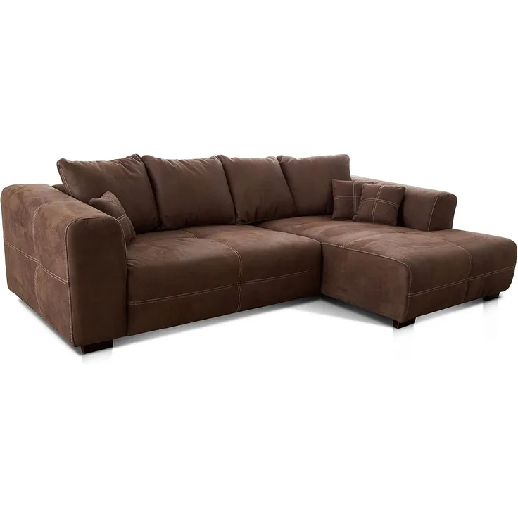 Cavadore Ecksofa Mavericco / XXL Eckcouch Inkl. Rückenkissen und Zierkissen / Longchair rechts / Industrial Style / 285 x 69 x 170 (BxHxT) / Mikrofaser Braun