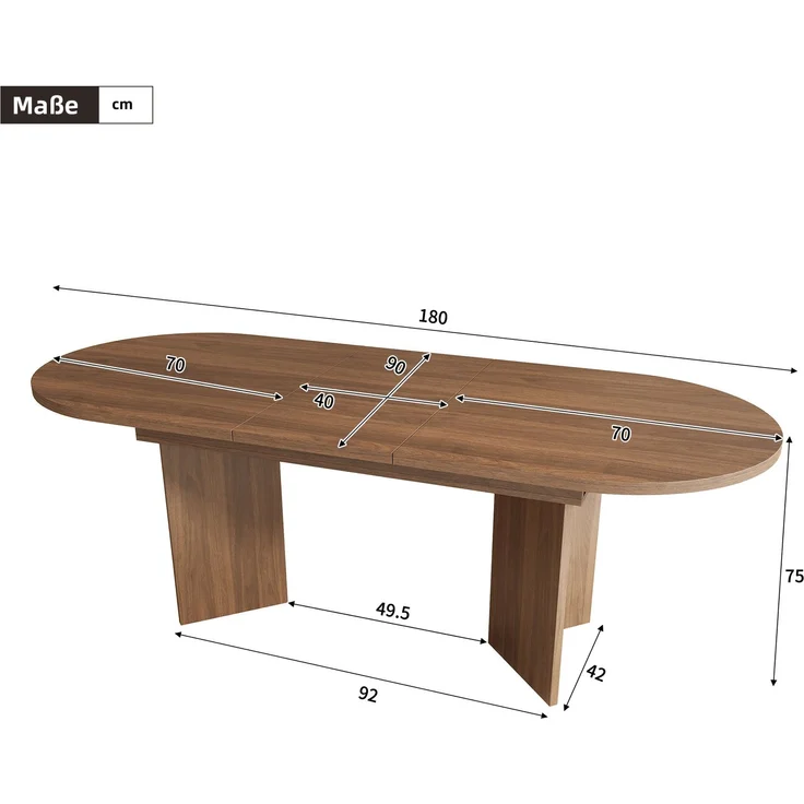 Ausziehbarer Esstisch 140/180x90 cm – Walnuss, MDF, abgerundete Ecken – Bild 4