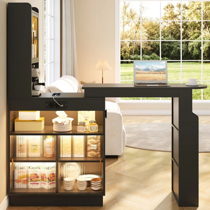 ZUBALIYA Küchenschrank mit Glastüren / Barschrank & Sideboard, mit ausziehbarer Bartisch & Stehtisch mit Stauraum und steckdose, Schwarz, 131–170 x 40 x 170 cm, fürs Büro, mit LED, Samt – Bild 3