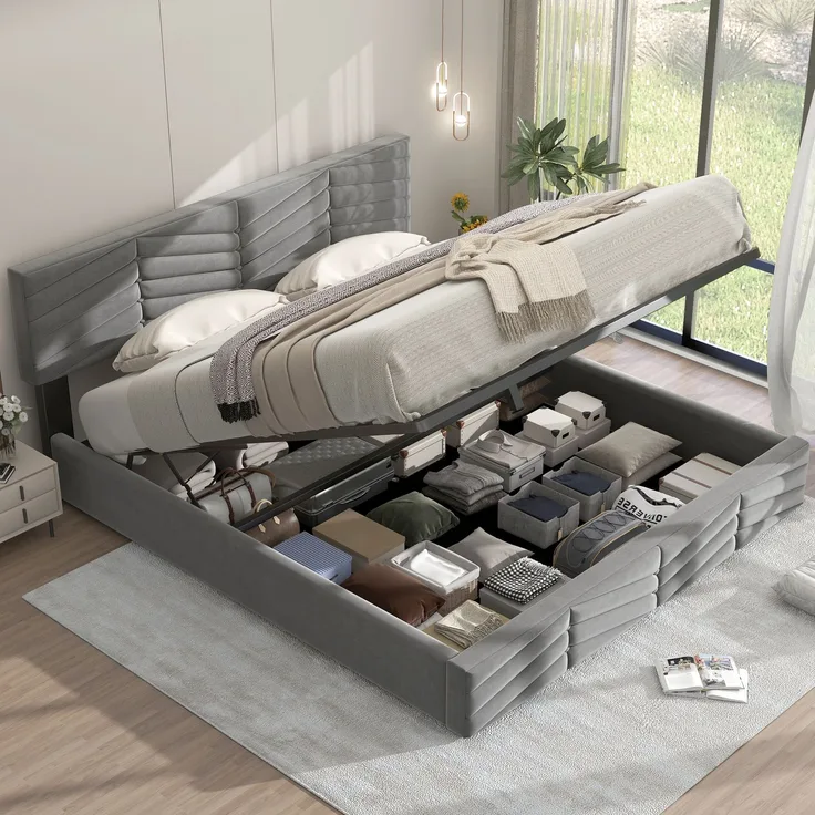 Novelux Polsterbett 180x200 cm mit Stauraum und Lattenrost – hydraulisches Samtbett in Grau, Doppelbett mit höhenverstellbarem Kopfteil